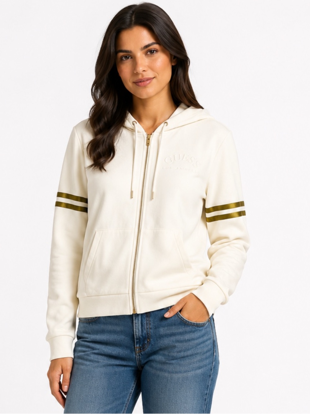 GUESS Los Angeles Women’s Full Zip Hoodie White Gold Stripe Logo Size XL